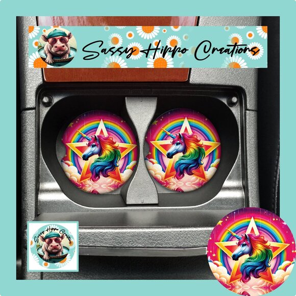 Car Coasters Colorful Unicorn Rainbow Star Set of 2 Neoprene Absorbent - Picture 1 of 5